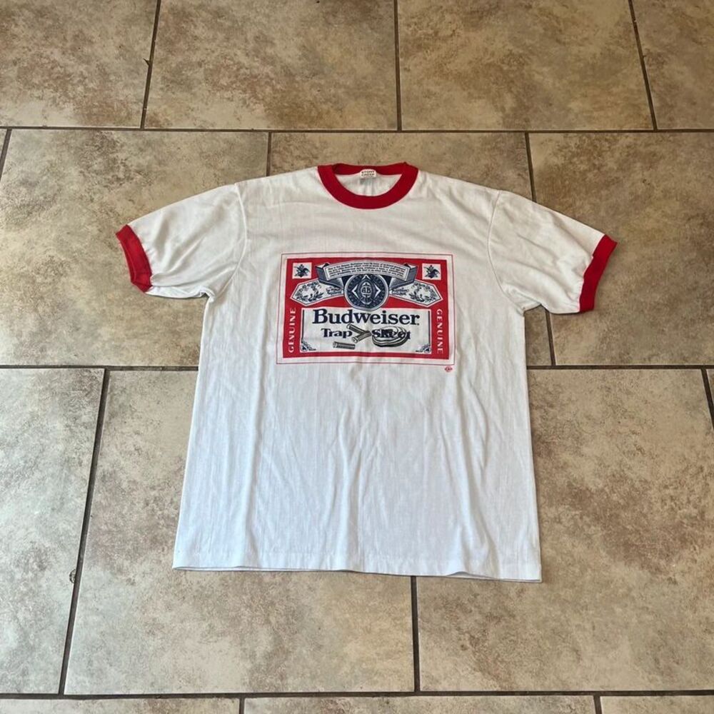 Vintage single stitch Budweiser Trap Skeet Shirt White Red Ringer Beer Promo Gra